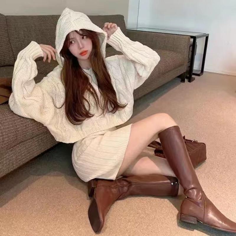 Elegant Autumn/Winter Hooded Loose Pullover Women Sweater New Retro Women High Waist Hip Short Skirts 2-piece Set Set Knitted Twist Outfits Clothing