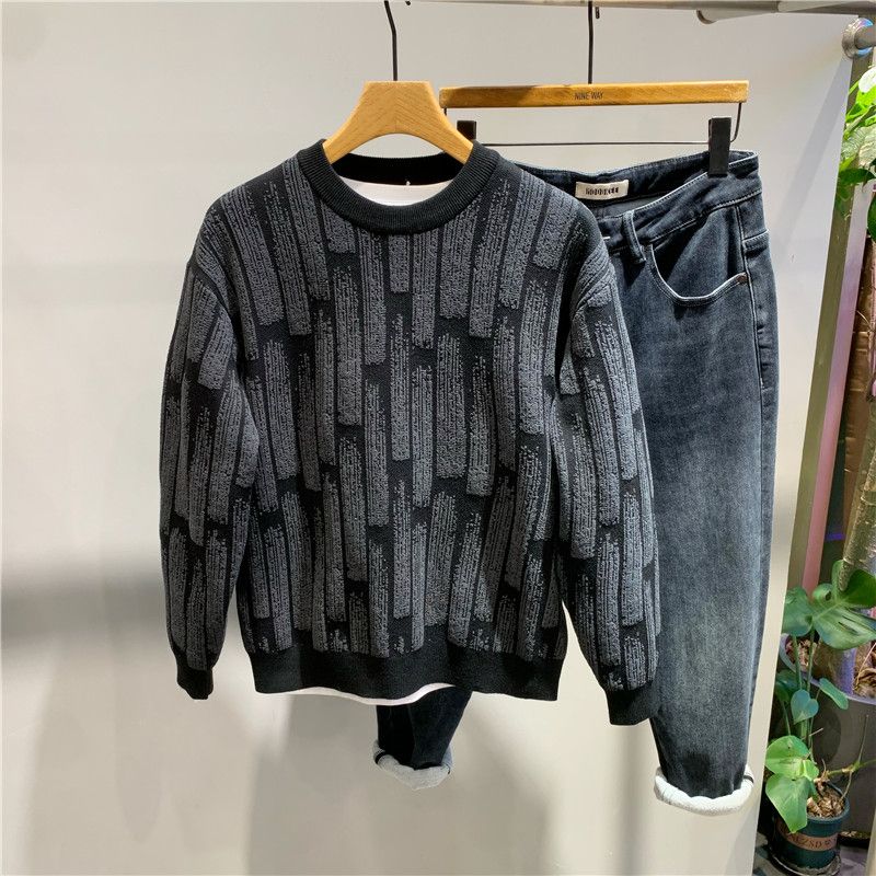 

Autumn Winter New Fashion Round Neck Long Sleeve Contrast Color Pullovers Men s Clothing Korean Loose All-match Knitting Tops M чорний
