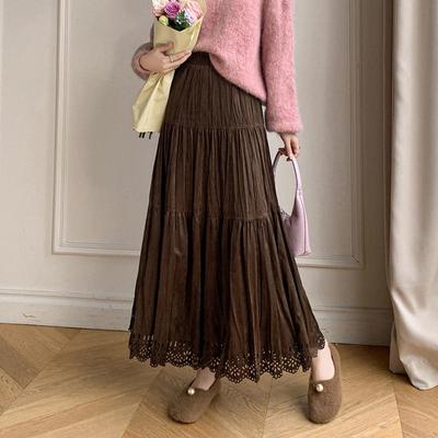 Pleated Suede Velvet A-line Skirt with Elastic High Waist