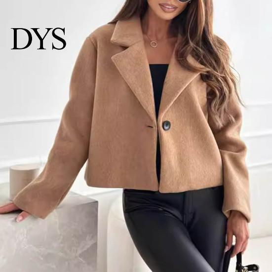 Short Style Jacket Women Woolen Turn-down Collar Solid Color Single Button Closure Coat Loose Fall Type Thermal Long Sleeved Commuting Dating