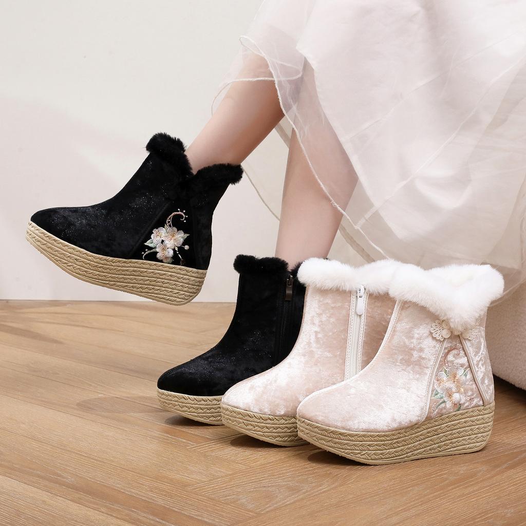 Winter Chunky Platform Ankle Boots for Women Non-Slip Embroidered Snow Booties with Faux Fur Lined Women's Warm Comfortable Wedge Walking Boot Shoes