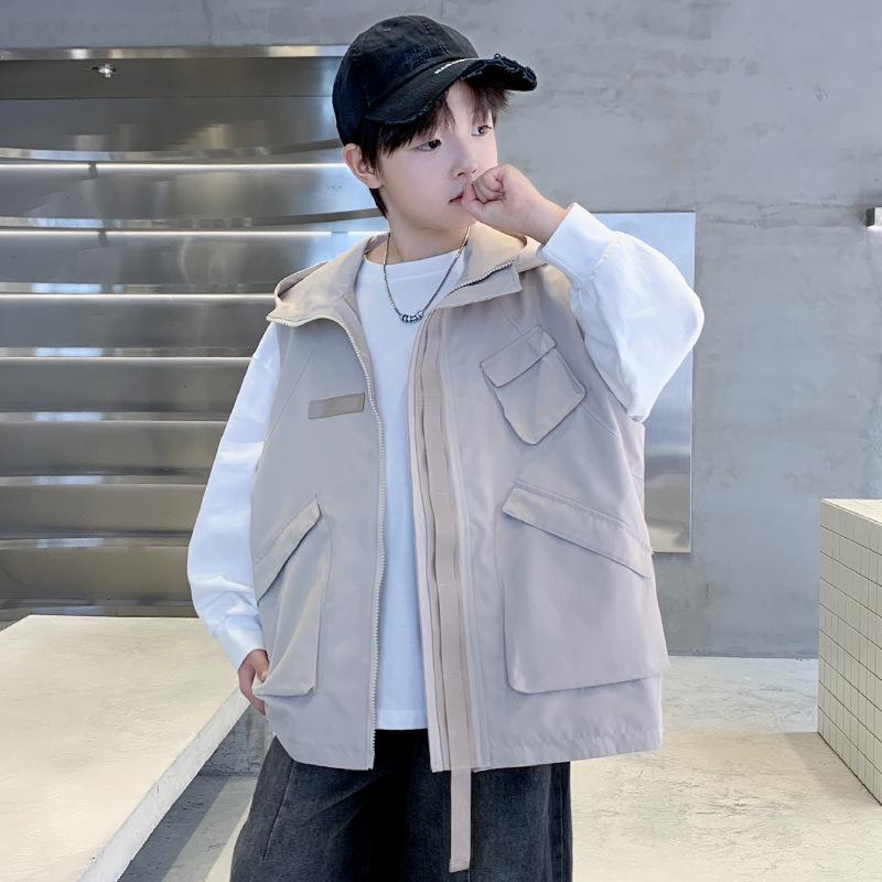 

2025 Мальчиковый жилет в корейском стиле с капюшоном - Осенняя мода для детей 170 cm хаки