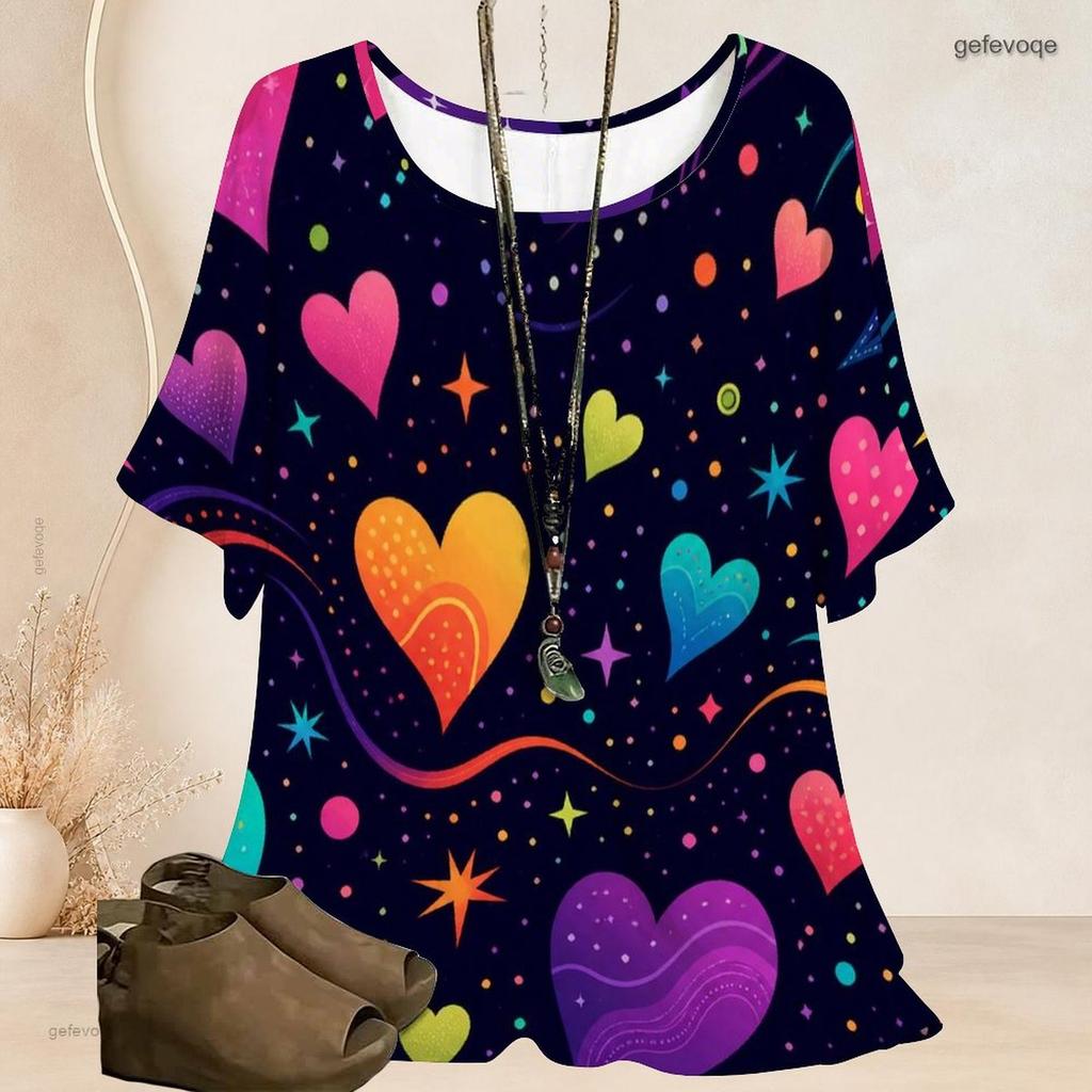 Women Plus Size Loose Batwing Sleeve Top Round Neck Colorful Graffiti Heart Star Print Casual Short Sleeve Tunic Blouse