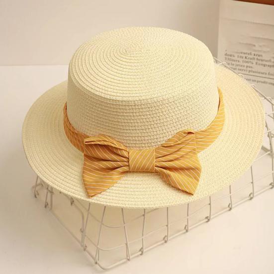 Beach Straw Hat Flat Top Wide Brim Sun Protection Hat with Striped Print Ribbon Bow Hand-Woven Breathable Summer Hat