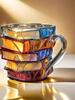 Painted Book Mug Novelty Coffee Mugs, 3D Handcrafted Painted Book Mug,Novelty Stained Glass Stacked Books Coffee Cup, for Readers Literature Lovers