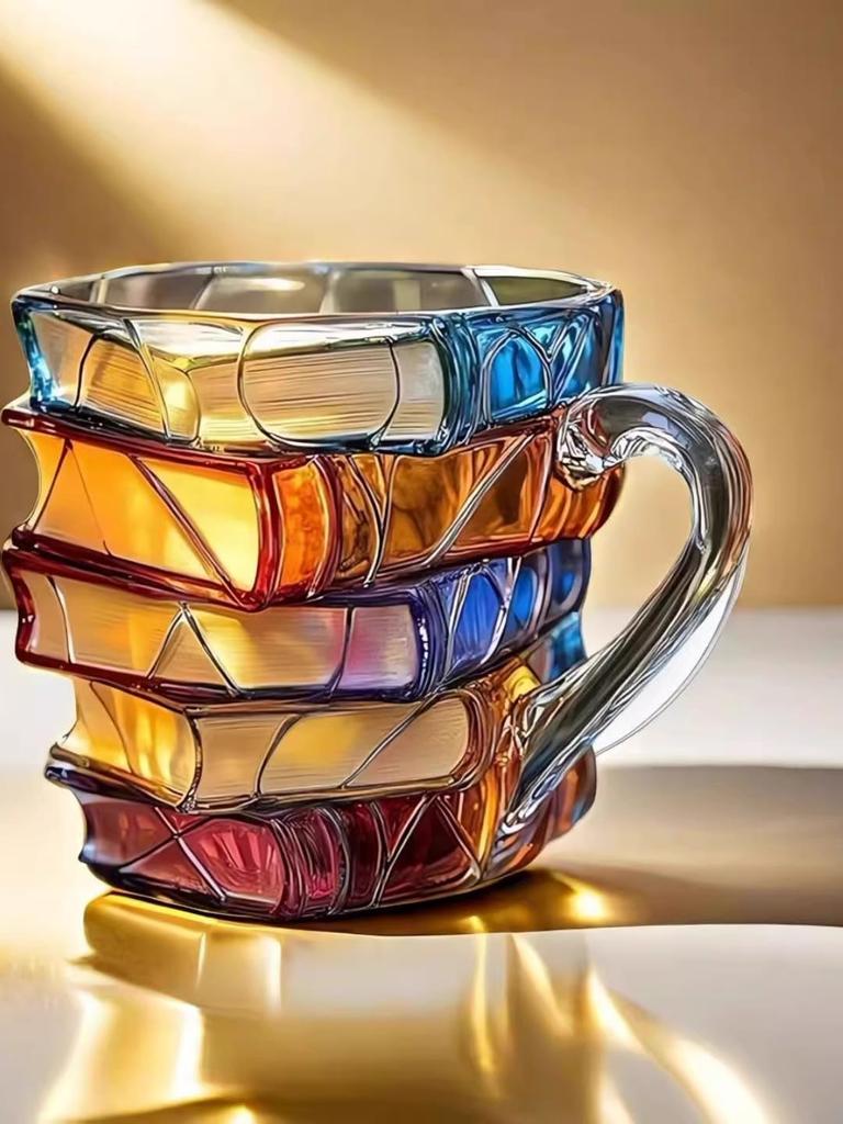 Painted Book Mug Novelty Coffee Mugs, 3D Handcrafted Painted Book Mug,Novelty Stained Glass Stacked Books Coffee Cup, for Readers Literature Lovers