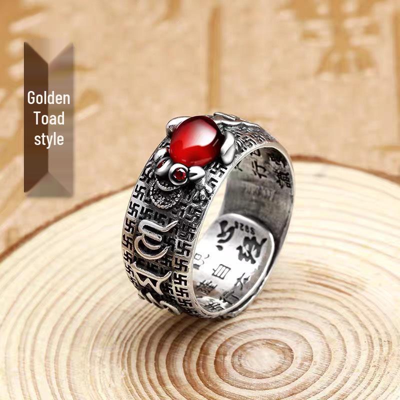 Pixiu Garnet Ring with Six-Character Mantra - Men s & Women s Trendy Wealth Toad & Vajra Design