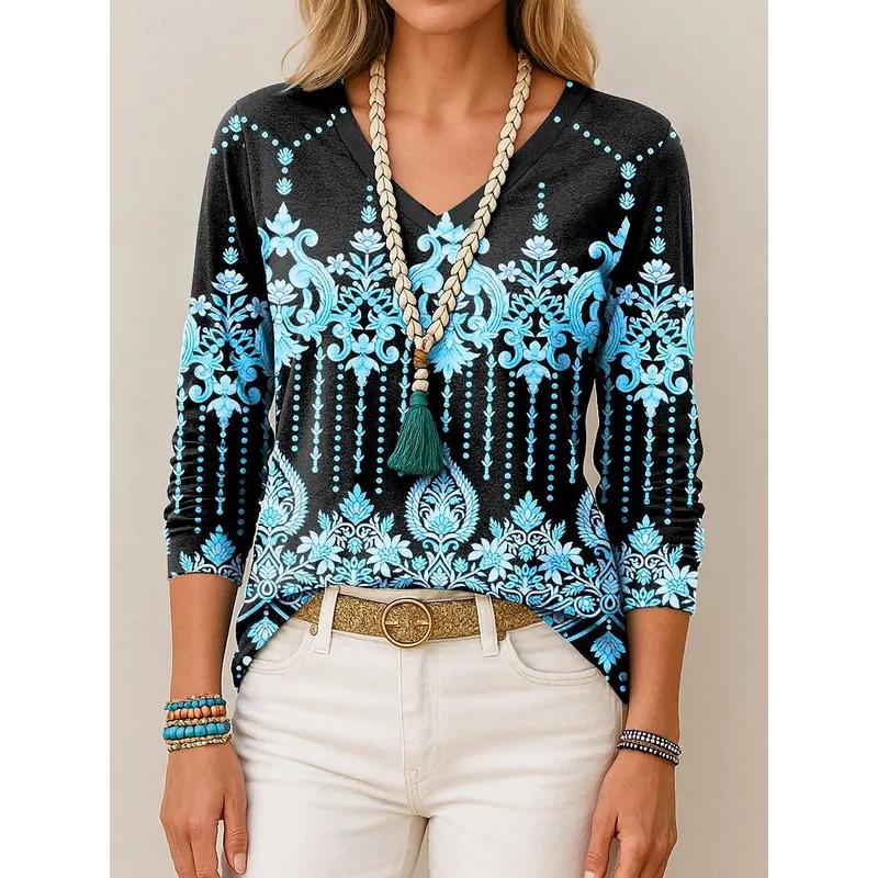 Tunic Graphic Paisley V-Neck Long Sleeve Women's T-shirts Elegant Trendy Vintage T-shirts Regular Pullover Tops