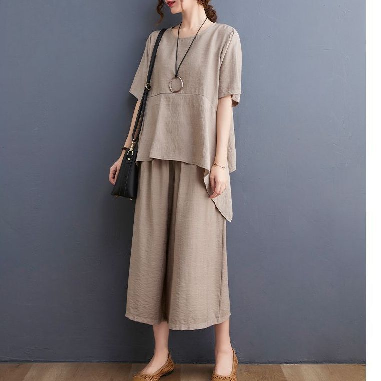 Plus Size Summer Outfit Two Piece Set Slimming Faion Casual Wide Leg Pants Ort Sve Cover Up Top Cotton Blend