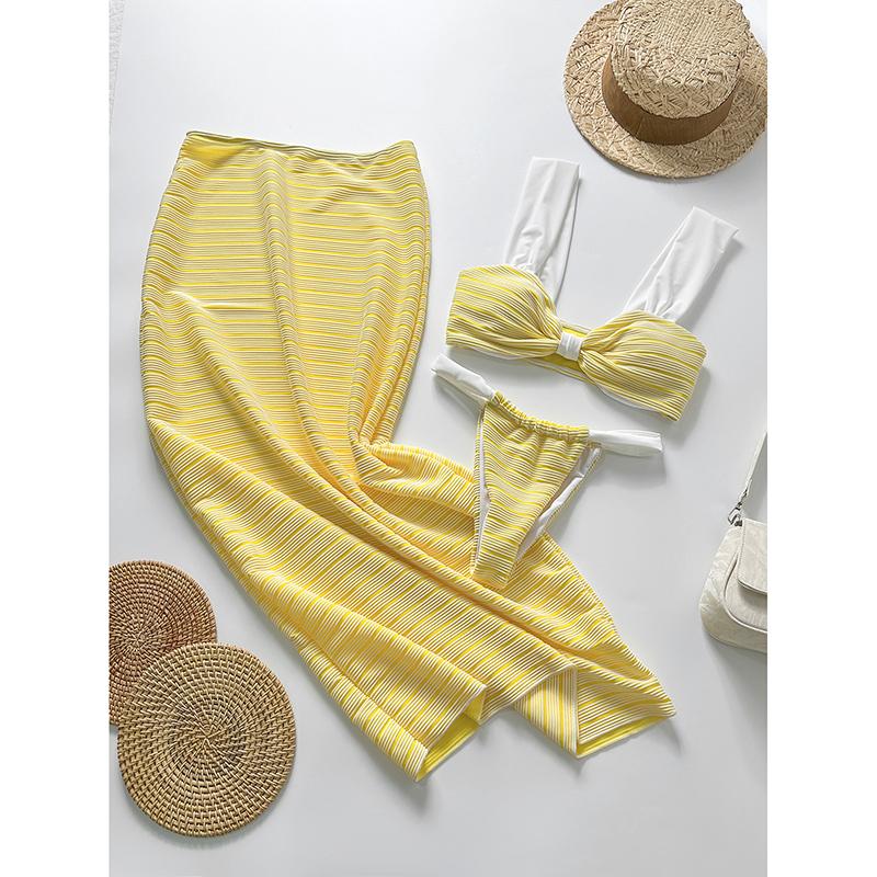 

Новые Сексуальные Вязаные Комплекты Бикини из 3 предметов Женские Желтые Полоски Купальники Эластичный Купальный Костюм Длинная Юбка Бикини с Высокой Посадкой L жёлтый