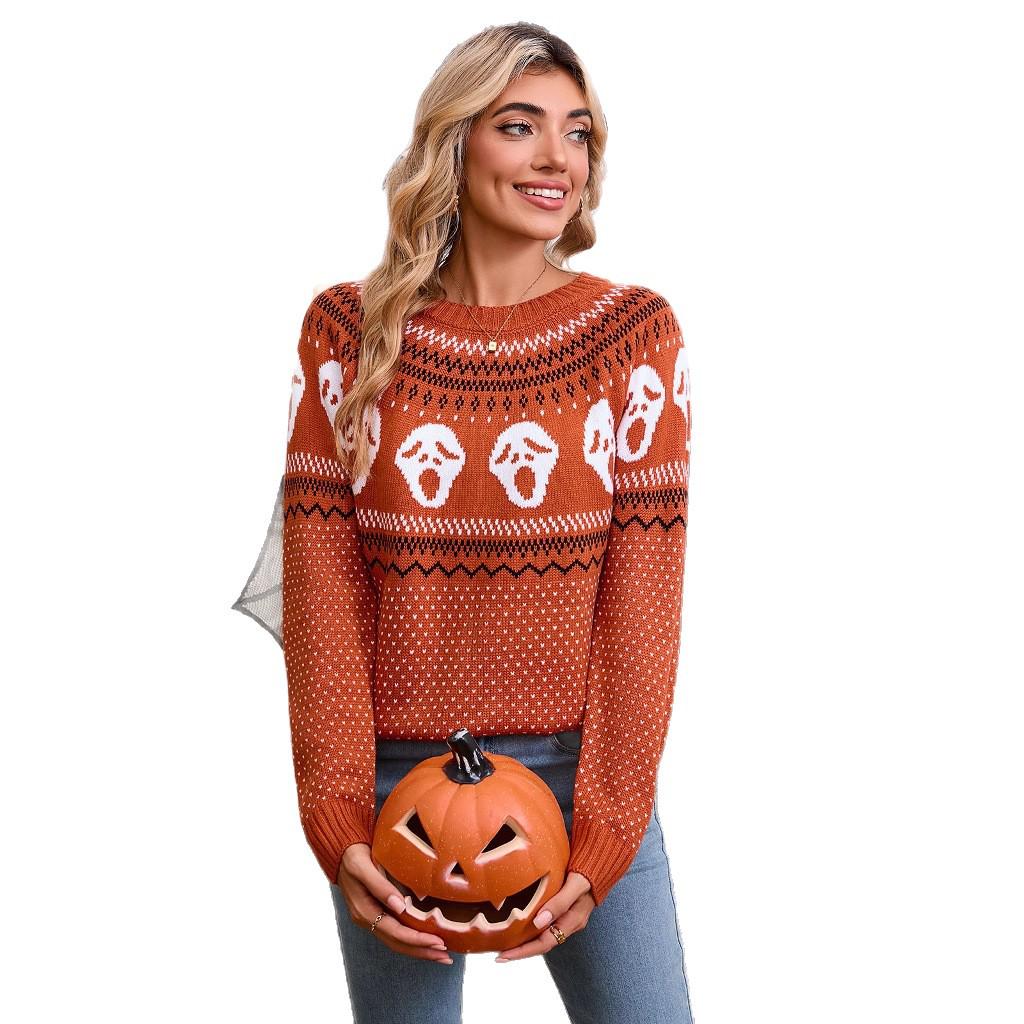Women's Halloween Skull Jacquard Sweater: Autumn/Winter European & American Style, Round Neck, Long Sleeve Knitwear