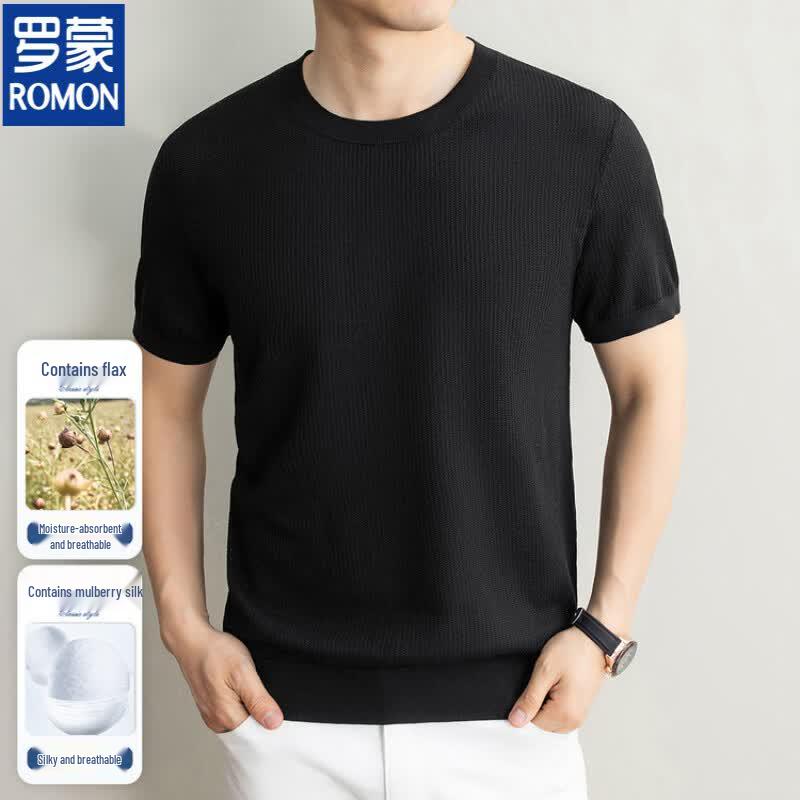 ROMON Men's Summer Lyocell Linen Blend Round Neck T-Shirt