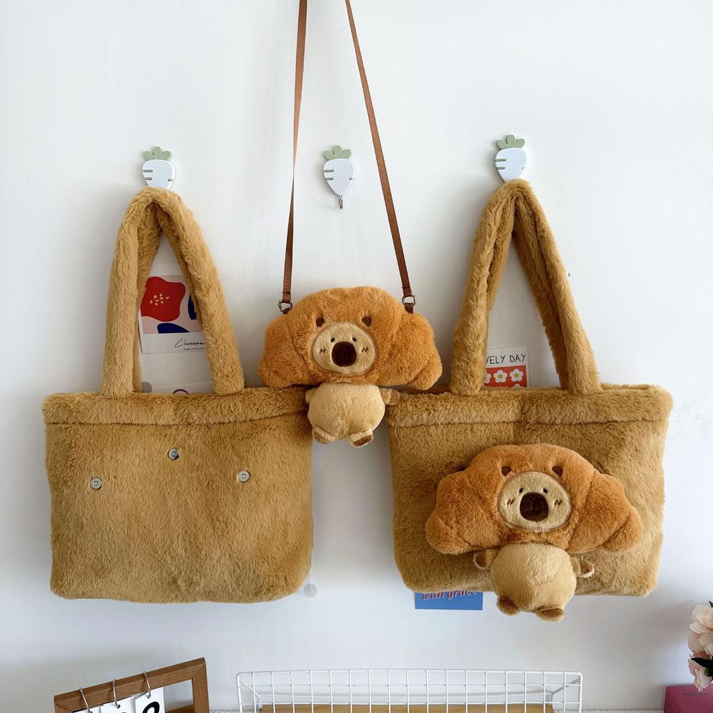 Fun Cartoon Croissant Kapibara Plush Doll Tote Bag Large Capacity Girl One Shoulder Oblique Span Dual Purpose Bag