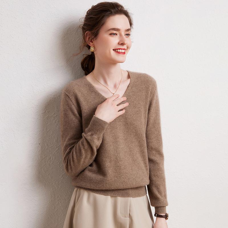 Women's 100% Pure Cashmere V-neck Sweater, Autumn Winter Long Sleeve Knit Pullover Top