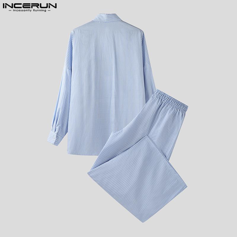 INCERUN Two Pieces Men Lapel Neck Long Sleeve Striped Shirt Long Wide Leg Pants Sets Outfits