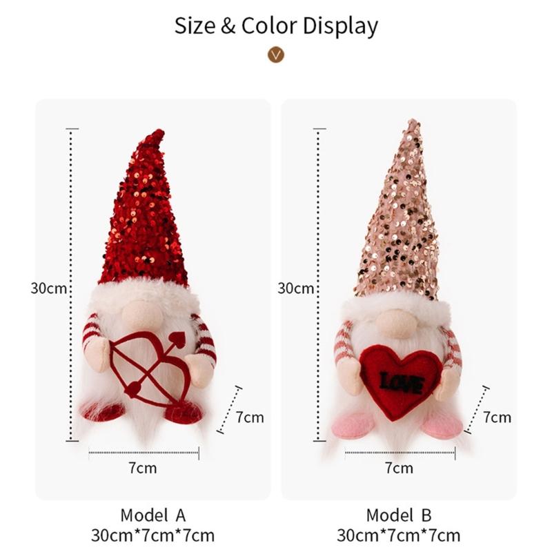 Valentine's Day Gnome Sequins Hat with Led Light Plushes Beard Doll Ornament for Elf Decoration New Year Holiday Gift