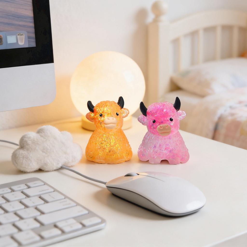 Creative Highland Cow Desk Ornament: Realistic Glitter Squeeze Toy, Office Decor, Solid Gel Sensory Stress Reliever, Gift