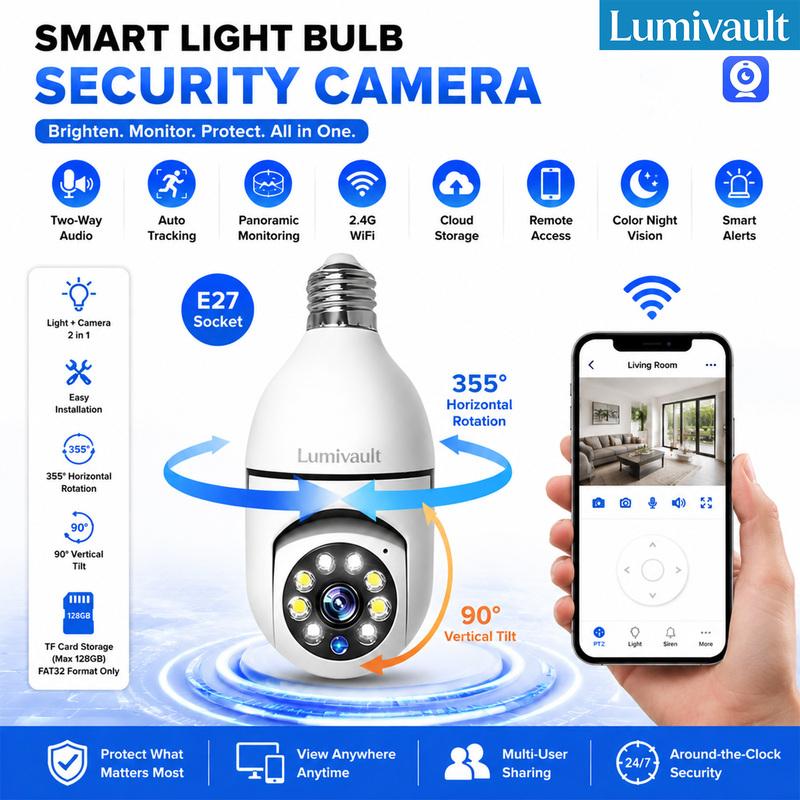 Wireless Bulb Camera with 2.4GHz WiFi Support 360° Panoramic HD Indoor Monitoring System Night Vision Dual Audio Mobil