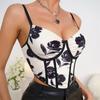 Female sexy hottie deep V steel rim fishbone waist suede flower print small vest halter top