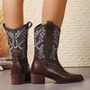 Women's Western Style Mid-Calf Boots Brown Retro Embroidered PU Leather Boots Woman Pointed Toe Chunky Heel Cowboy Botas Mujer