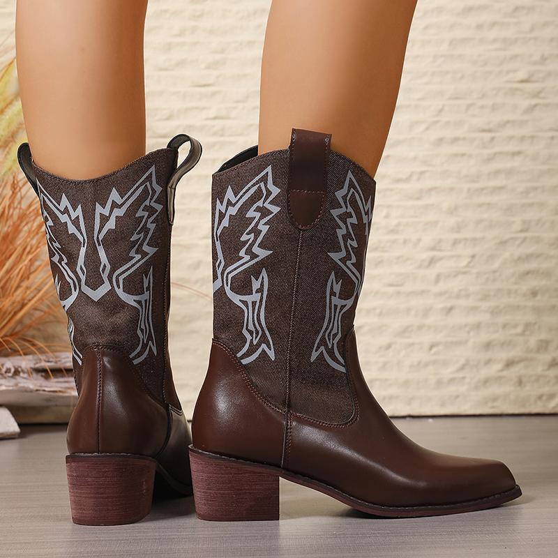Women's Western Style Mid-Calf Boots Brown Retro Embroidered PU Leather Boots Woman Pointed Toe Chunky Heel Cowboy Botas Mujer