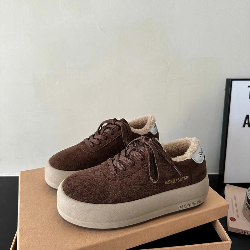 Winter New Thick Soled Cotton Shoes Women's Fashion Suede Front Lacing Anti-slip Wear-resistant Low-top Shoes