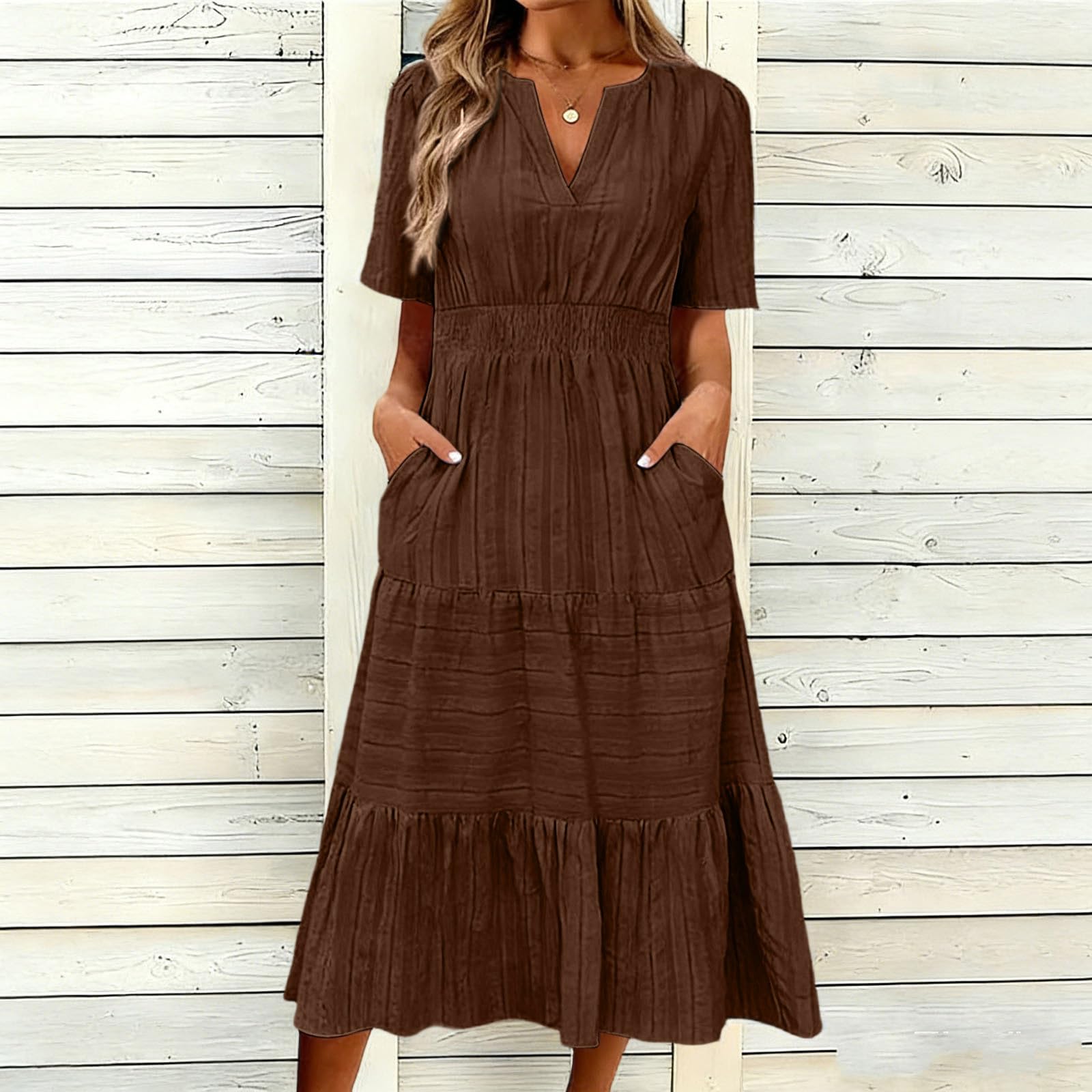 

Women s Casual V Neck Dress with Gathered Puff Sleeves and Flared Hem Short Sleeve Midi Dress with Pockets L коричневый