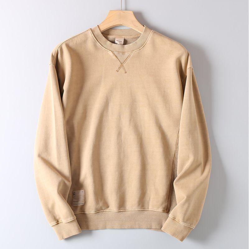 Heavyweight Washed Cotton Terry Crewneck Sweatshirt for Men, Spring and Autumn Vintage Trendy Top Jacket Kakh 2XL