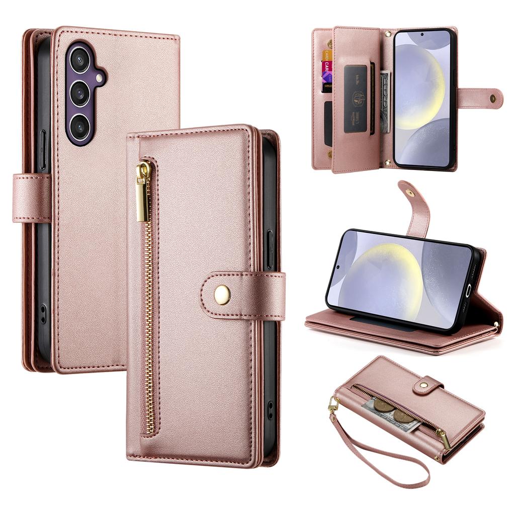 DF-011 For Samsung Galaxy S24+ Case Zipper Pocket Stand Leather Phone Cover with Straps