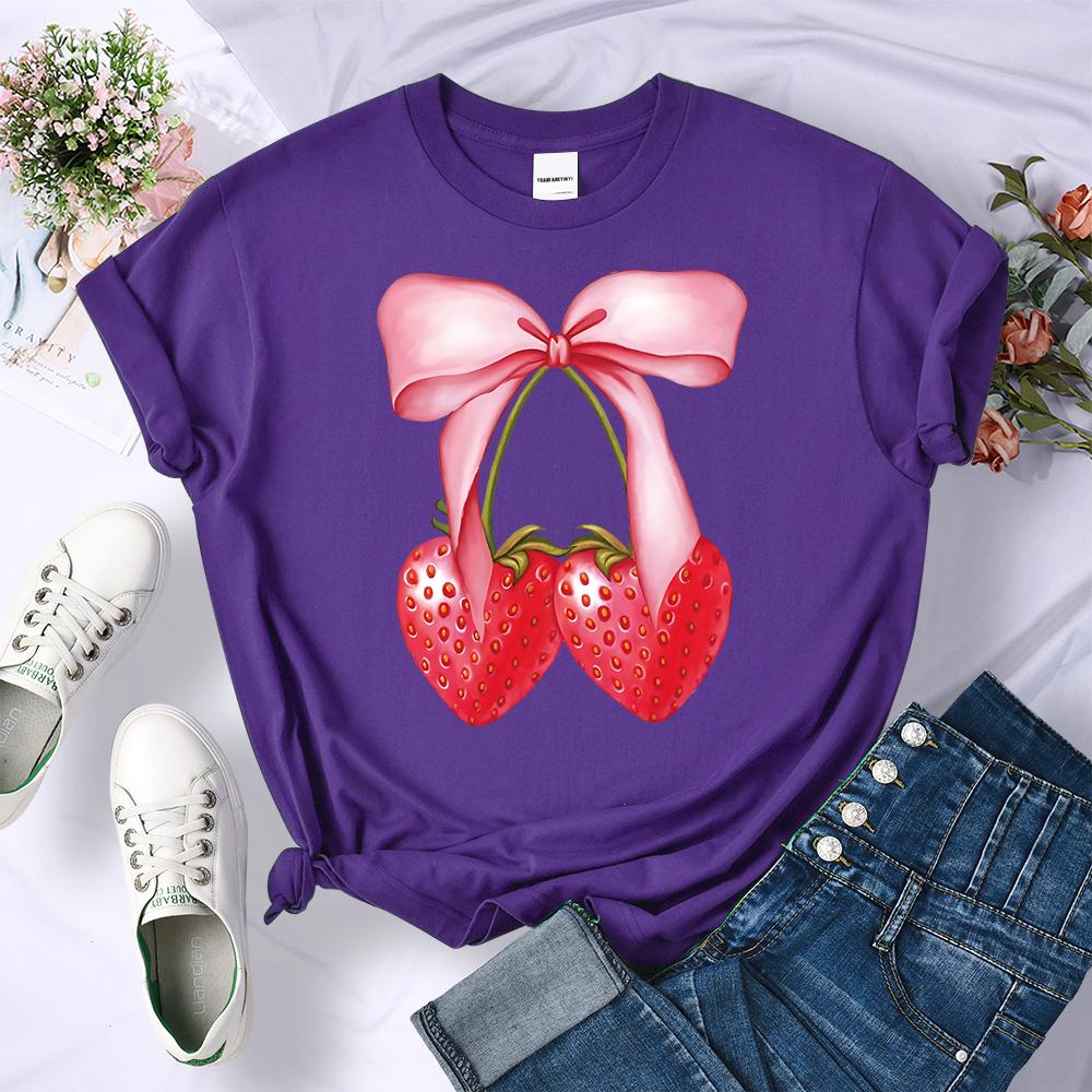 Summer Pink Bow Strawberry Design Pattern 3D Printed T-Shirts Women Crewneck Casual Multicolor Tee Tops Summer Soft Short Sleeve
