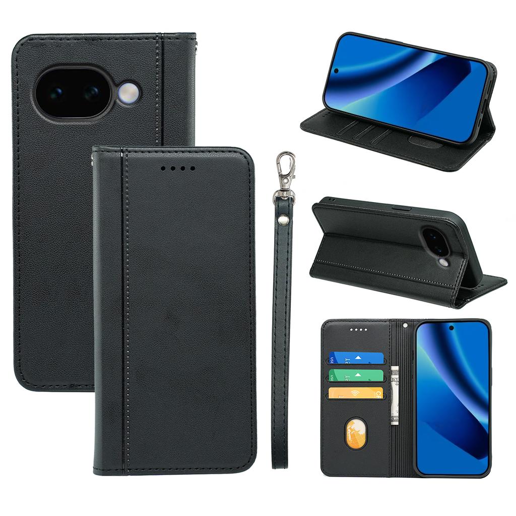For Google Pixel 10a Wallet Case Magnetic Closing PU Leather Phone Cover with Wrist Strap