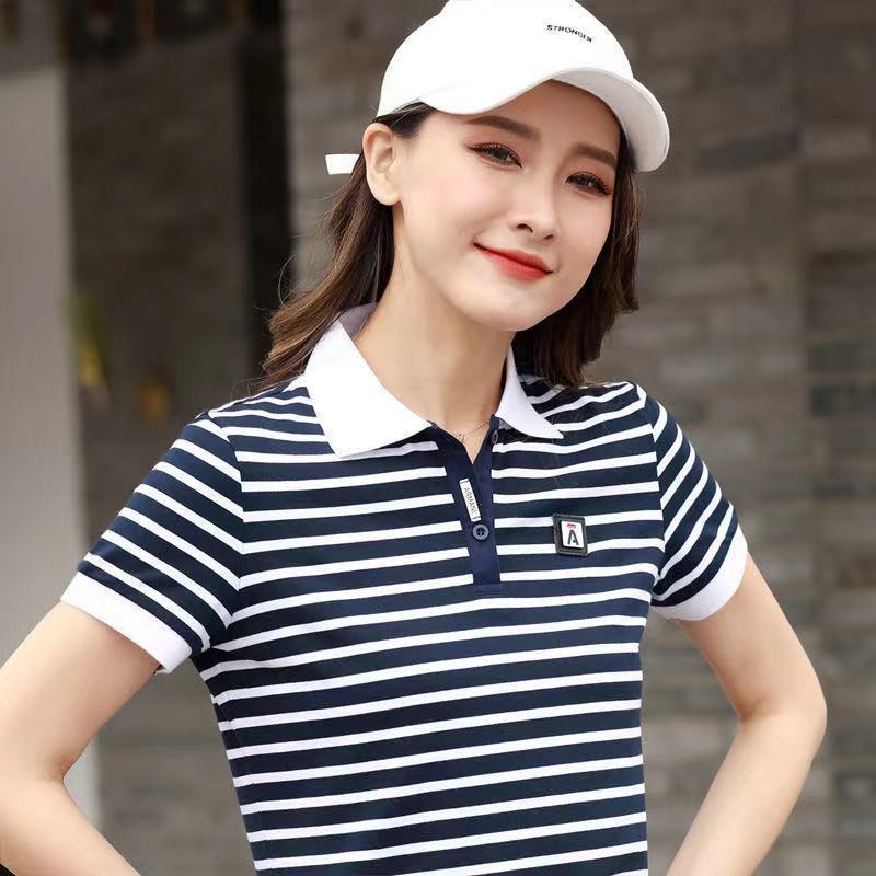 New Summer Striped Short-sleeved T-shirt for Women with Large Size Loose Sports Collared Top Lapel Polo Shirt