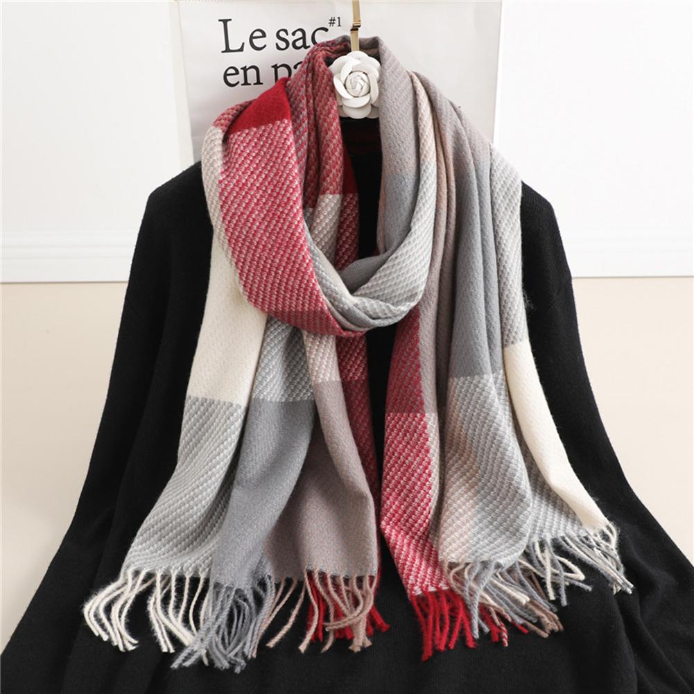 Colorblocking Fringe Soft Scarf Casual Polyester Faux Cashmeres Hundred Tassel Scarf Winter Warm Plaid Scarf Multiple Uses Shawl