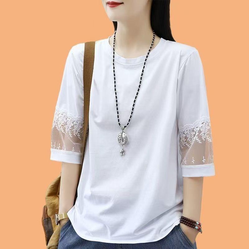 Pure Cotton Summer New Chinese Style Five-quarter Sleeve Top for Women Large Size Foreign Style