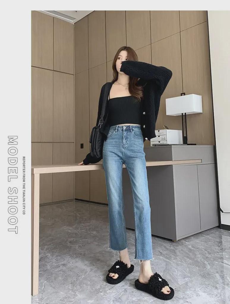 Women's High-Waist Slim Black & Gray Cropped Cigarette Pants for Autumn/Winter