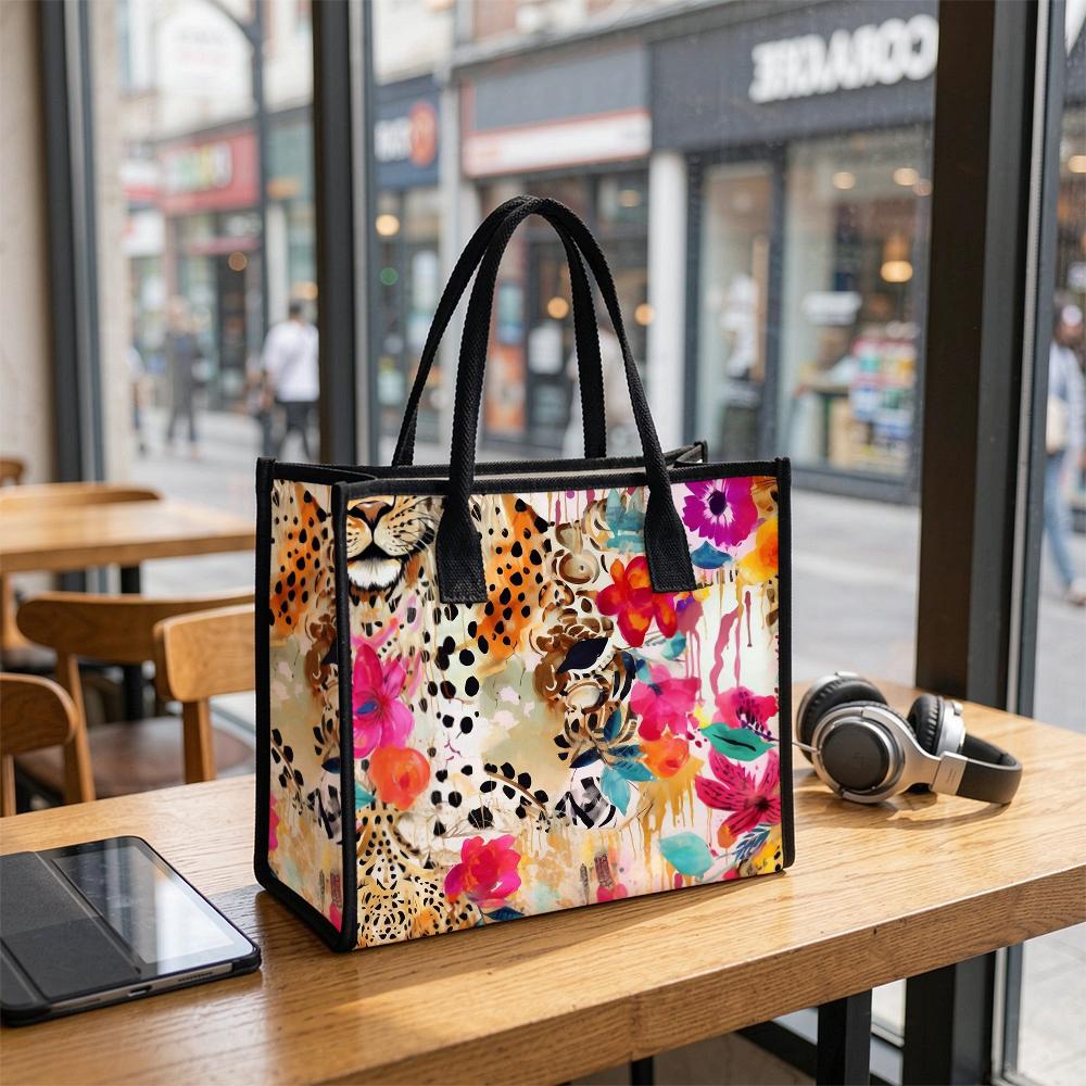 Floral Leopard Print Tote Bag Large Capacity Casual Canvas Shoulder Bag for Daily Shopping Travel