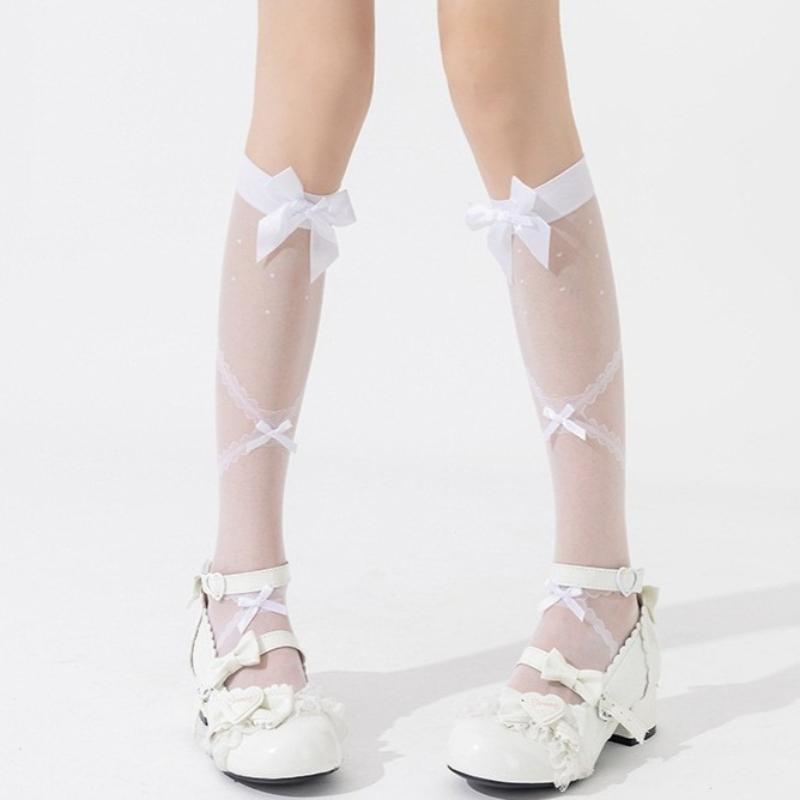 

New White Sheer Socks Women s Japanese Style Sweet Lolita Cute Bowknot Kawaii JK Knee High Socks Thin Transparent Sexy Stockings One Size белый