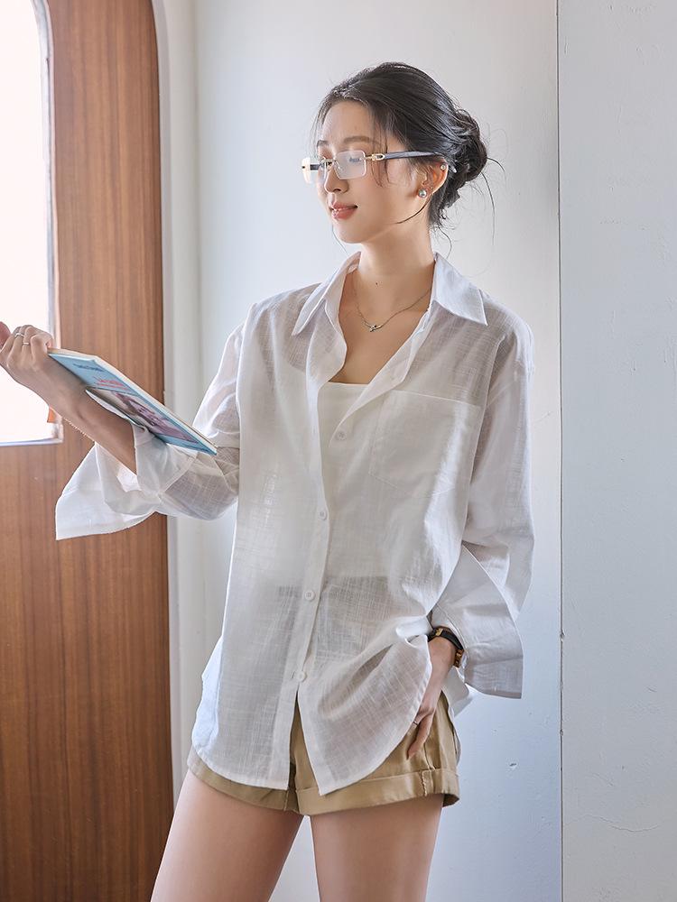 White Washed Cotton Linen Long Sleeve Shirt - Spring/Summer 2026 Sun Protective Loose Cardigan Top