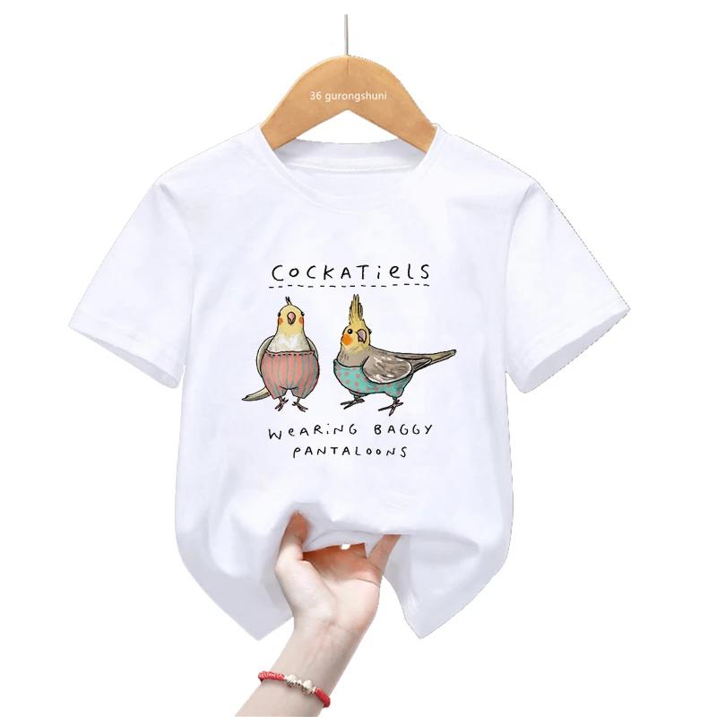 Sommar Tecknad Cockatiel Fågel Tryck T-shirt För Flickor/Pojkar Rolig Papegojfågel Barnkläder Kortärmad T-shirt