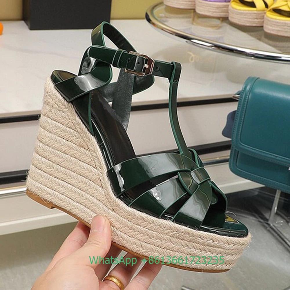 Fashion Cross Straps Open Toe Wedges Women Sandals Solid Color Open Toe Real Patent Leather Espadrilles Shoes Newest Summer 14cm Heels
