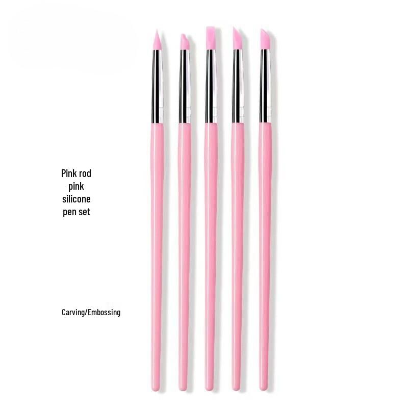 5-Piece Pink Silicone Nail Art Pen Set: Dotting, Embossing, and Powder Pressing Tools