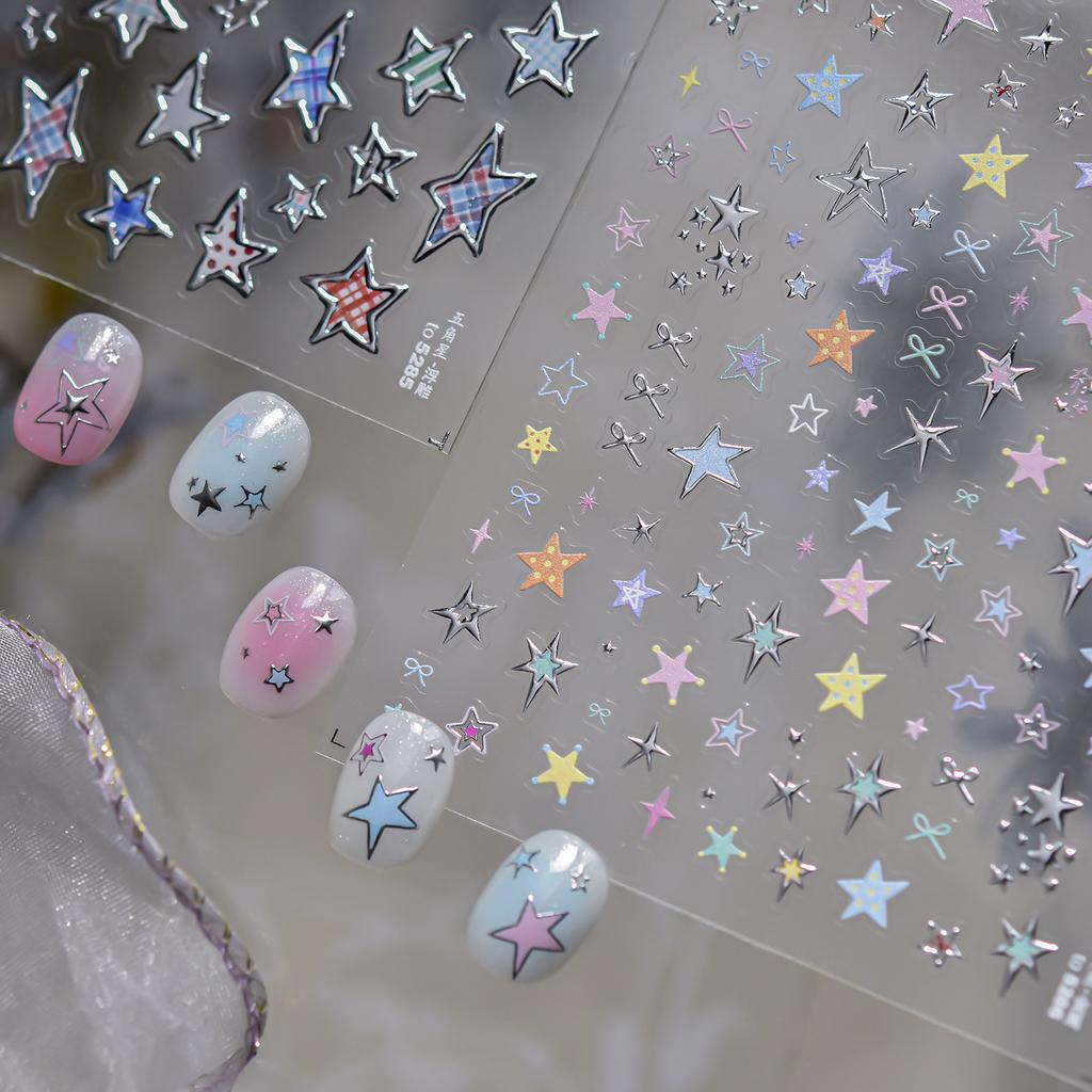 5D Bronzing Laser Pentagram Nails Sticker 3D Metallic Effect Exquisite Colorful Star Self Adhesive Nail Art Stickers Decals DIY