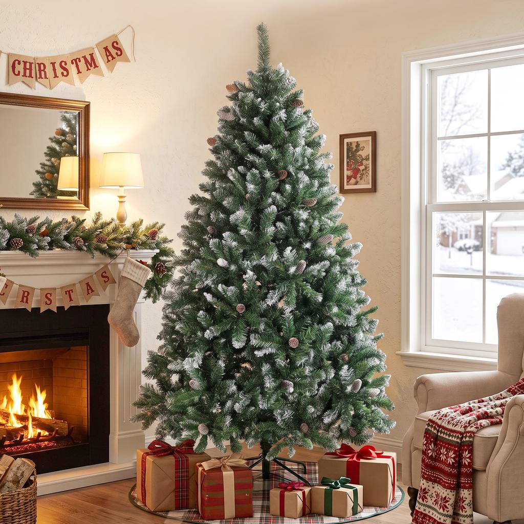 Artificial Christmas Tree 180cm with 910 Branches with Snow, 58 Pine Cones and Foldable Metal Stand, Easy Assembly, Green