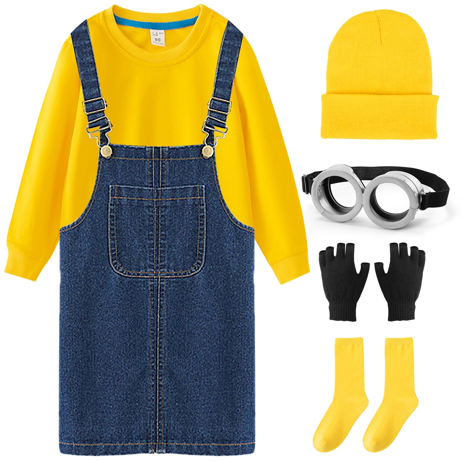 

Одежда миньона Косплей Хэллоуин Девочки Дети Костюм Маскировка Набор Длинные рукава Очки Шляпа Ремешок Юбка Перчатки Носки Выходы Вечеринки Памятный