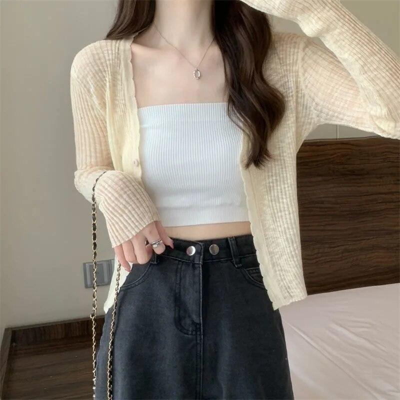 Cardigan sottile in seta di ghiaccio corto bianco da donna manica lunga lavorato a maglia protezione solare slim crop top Kintwear nuova moda semplice casual primavera estate