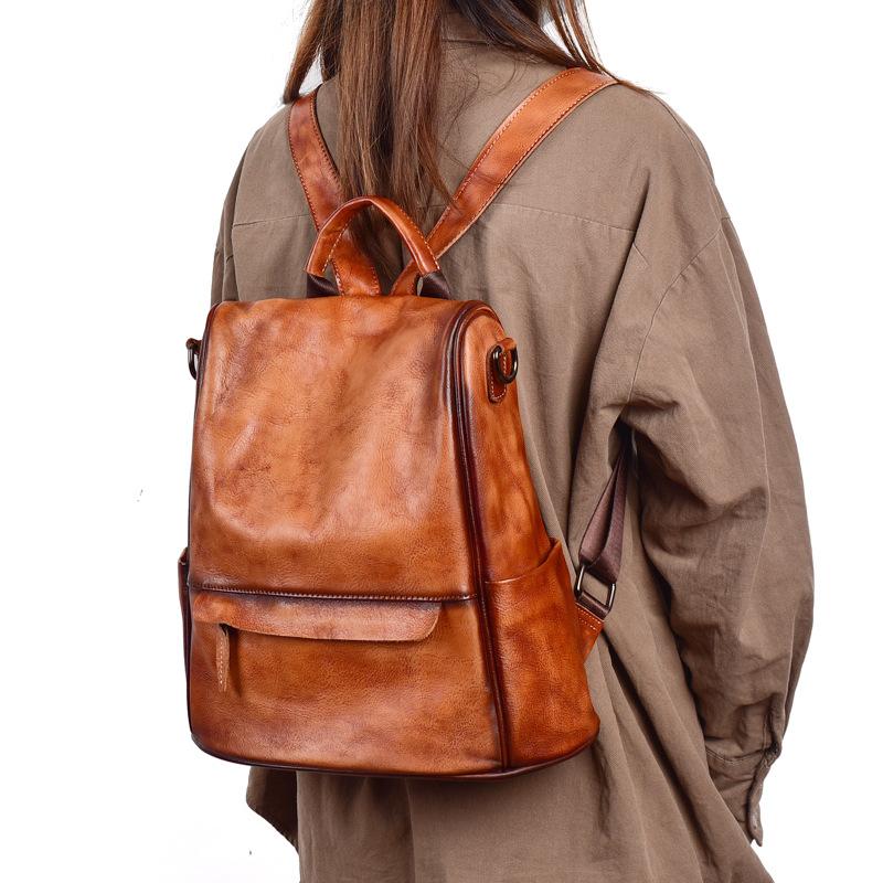 Vintage Backpack Genuine Leather Large Capacity Women Bag Solid Color Natural Cowhide Leisure Travel Bags