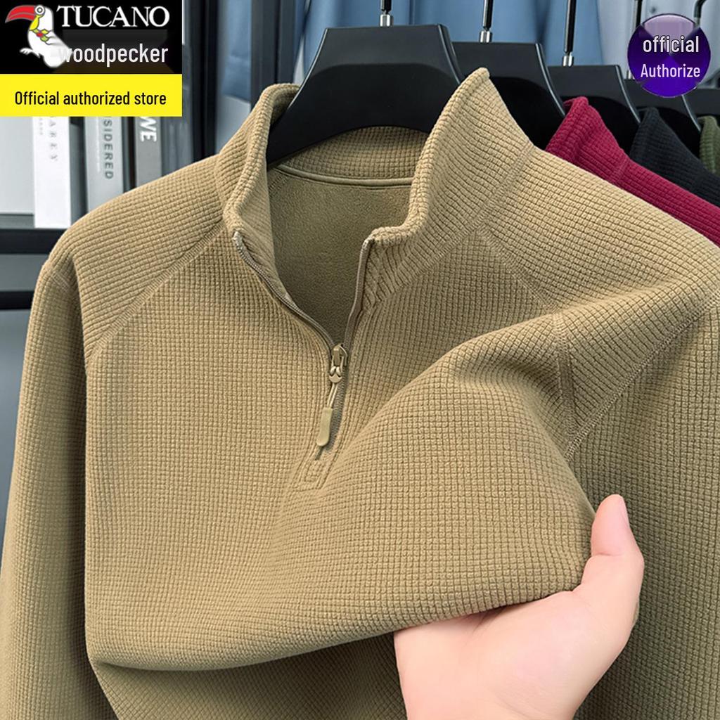 Woodpecker Men's Thick Velvet Fleece Hoodie with Half-Zip and Stand Collar for Autumn/Winter 2025