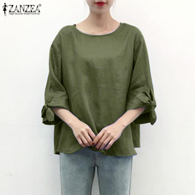 

ZANZEA Женская летняя повседневная хлопковая блузка с круглым вырезом и короткими рукавами