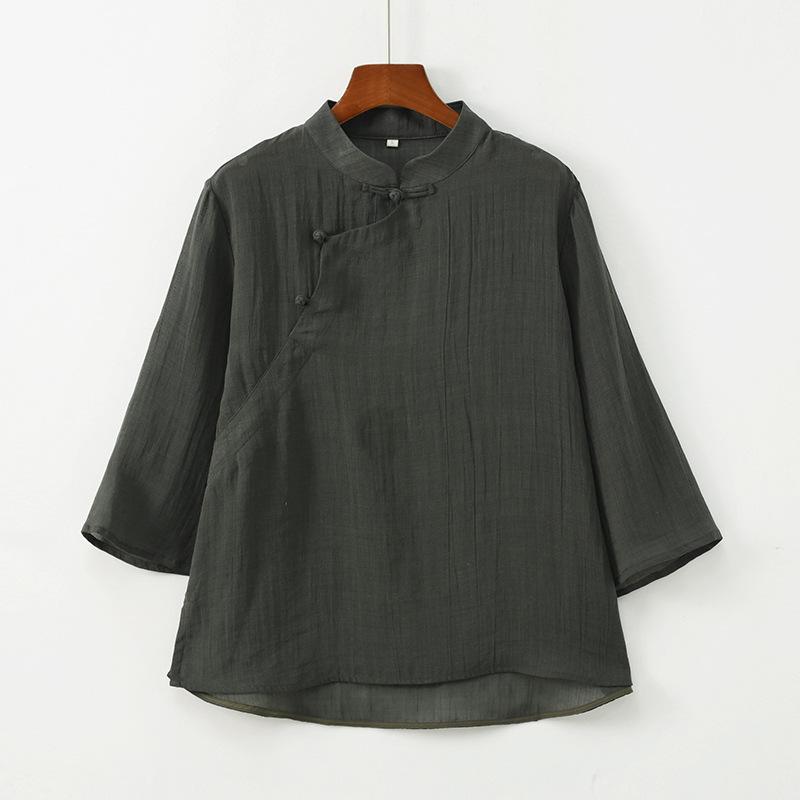 New Chinese Women's Clothing 1116 Spring and Summer New Tencel Ramie Top Women's Chinese Style Retro Diagonal Placket Button T-shirt Women