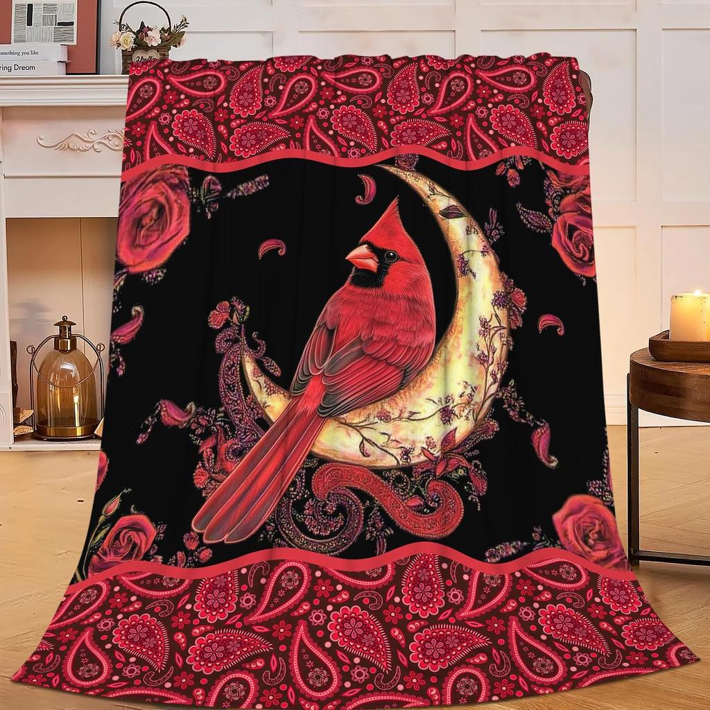 Cardinal Blanket Cardinals Moon Throw Red Bird Christmas Blanket Flannel Stuff Merch Cozy Decor Fleece Plush Fuzzy Warm Soft